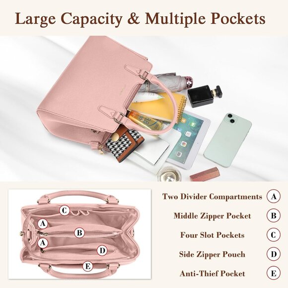 Women Pink PU leather Top-Handle Waterproof Anti Theft Leather Purse Handbag - Picture 3 of 7